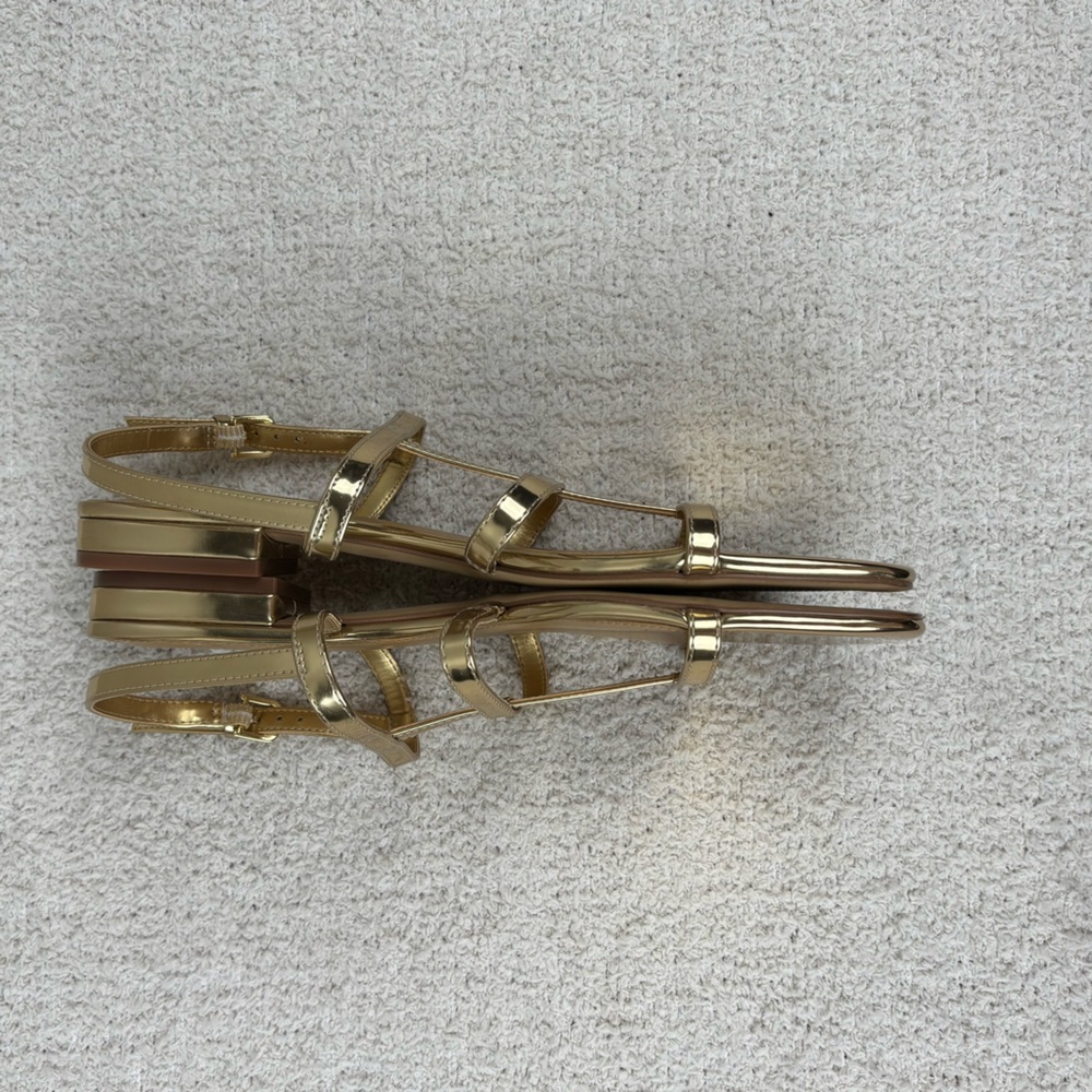 J. Crew Factory Sandals Womens 10.5 Gold Ankle‎ Strap Open Toe Buckle Flats - Picture 2 of 13